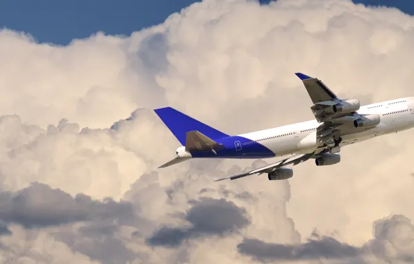 Картинка Небо, Облака, Самолет, Лайнер, Полет, Авиалайнер, Boeing 747, Боинг 747