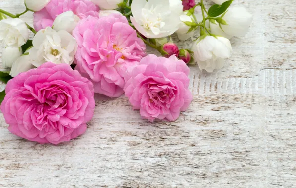 Картинка цветы, розы, букет, розовые, белые, бутоны, pink, flowers