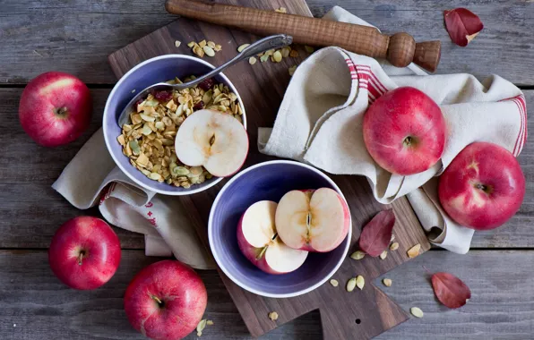 Картинка яблоки, еда, завтрак, тарелки, фрукты, гранола