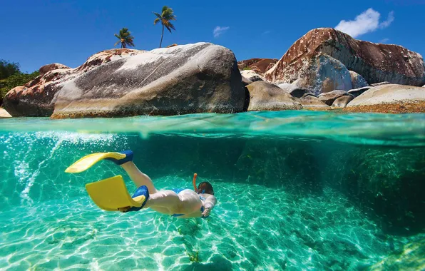 Океан, берег, спорт, женщина, трубка, ласты, snorkeling, подводное плавание
