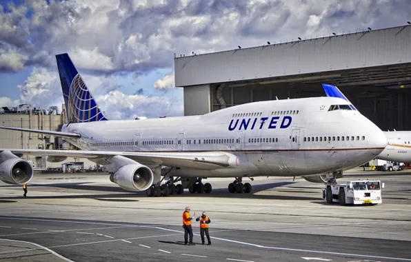 Картинка небо, Аэропорт, Boeing, Боинг, United, B747, Б747