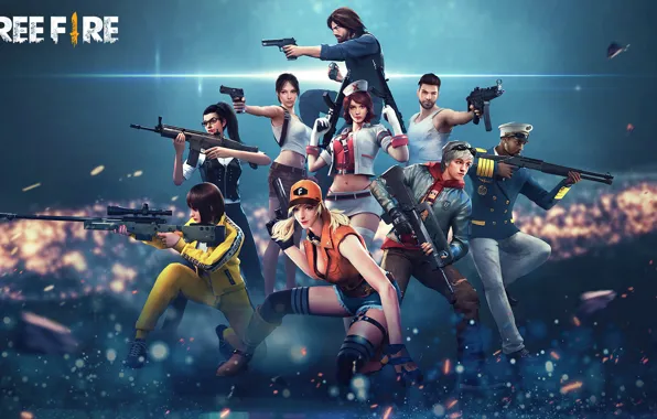 Картинка оружие, игра, искры, game, постер, персонажи, characters, Garena Free Fire