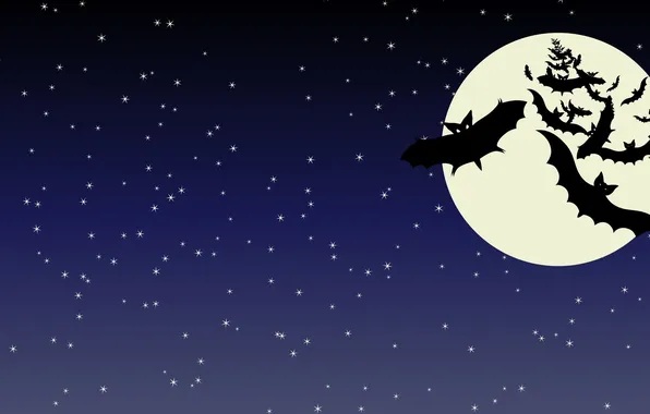 Ночь, луна, звёзды, Halloween, Хеллоуин, летучие мыши