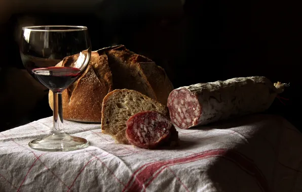 Картинка вино, бокал, хлеб, колбаса