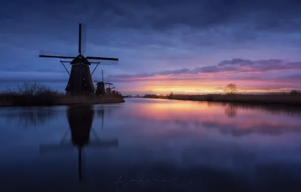 Небо, вода, облака, вечер, канал, Нидерланды, ветряные мельницы