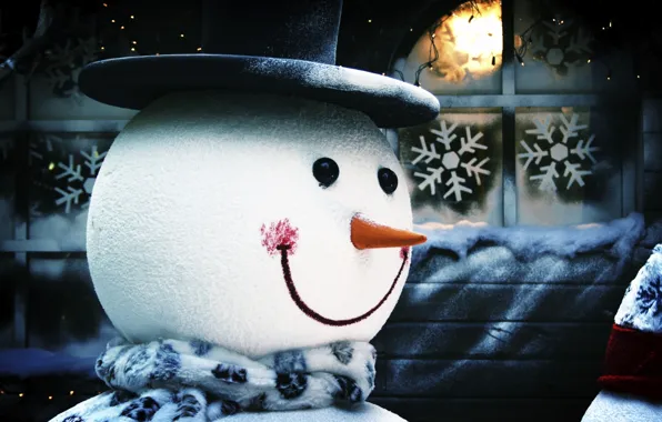 Картинка снежинки, новый год, снеговик, в шапке, новогодний фон, нос-морковка, в шарфе