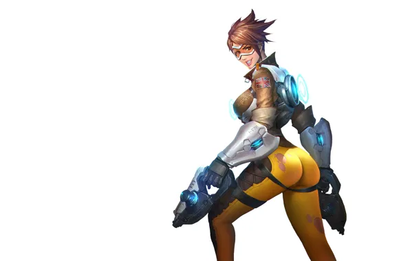 Guns, girl, game, ass, chest, straps, tight, tracer