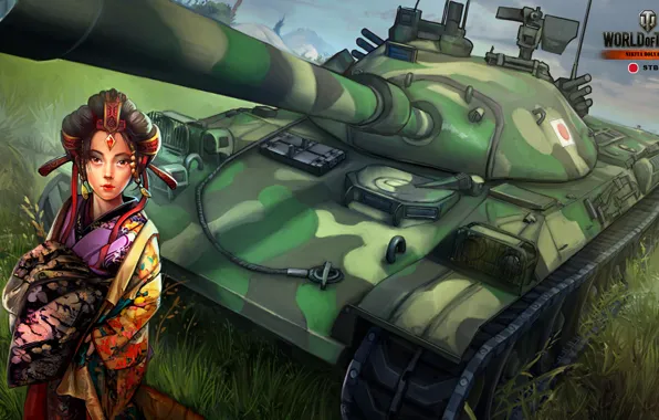 Девушка, японка, рисунок, арт, танк, японский, средний, World of Tanks