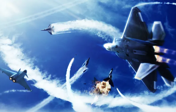 Картинка небо, взрыв, тучи, огонь, бой, истребители, Namco Bandai Games, Project Aces