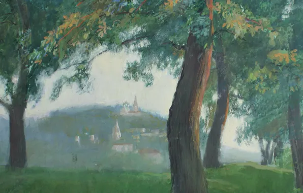 Картинка трава, деревья, Айбек Бегалин, 1986г, Вечер в Гороховце, бум. темпера