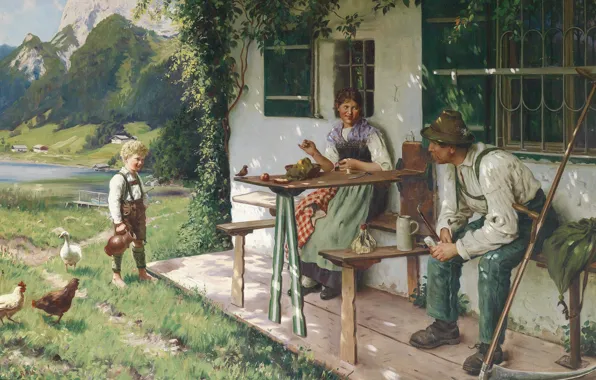 Картинка 1937, German painter, немецкий живописец, Летний дом перед домом, Emil Rau, Summer day in front …