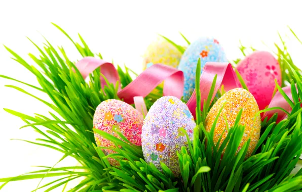 Картинка трава, яйца, colorful, Пасха, лента, разноцветные, Spring, декор