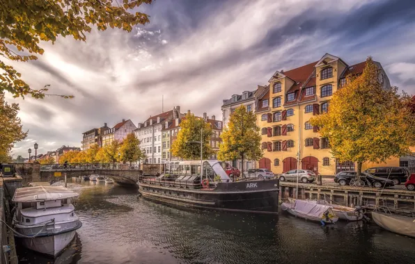 Картинка осень, город, Дания, канал, столица, Копенгаген