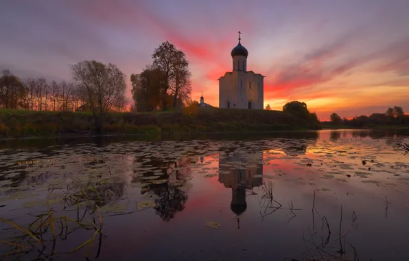 Осень, деревья, пейзаж, закат, природа, река, церковь, храм