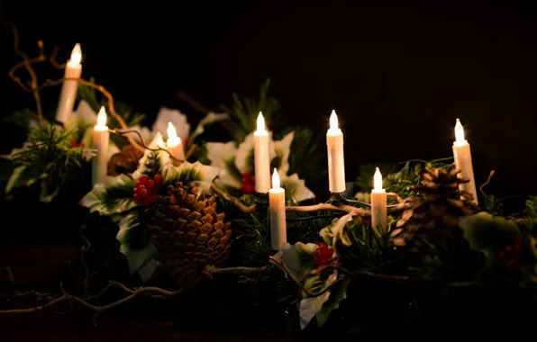 Картинка листья, огни, фон, праздник, обои, новый год, свечи, wallpaper