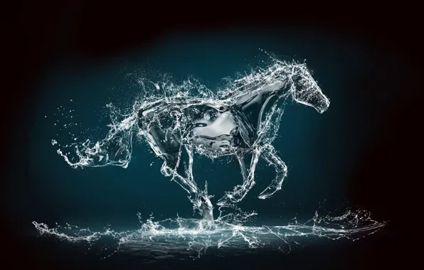 Картинка вода, брызги, рендеринг, фон, лошадь, скачет