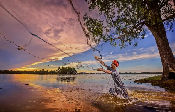 Картинка закат, река, сеть, рыбак