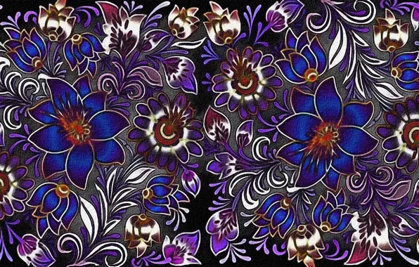 Полотно, рисунок, текстура, черный фон, текстиль, ткань с цветочным узором, цветочный орнамент, акриловые краски