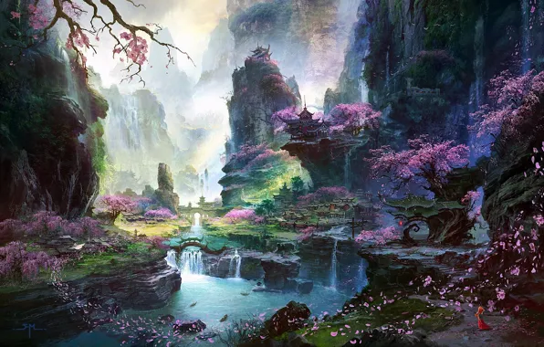 Картинка девушка, деревья, пейзаж, горы, река, скалы, азия, водопад