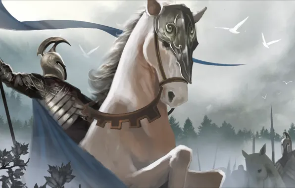 Картинка туман, конь, меч, армия, воин, властелин колец, арт, шлем