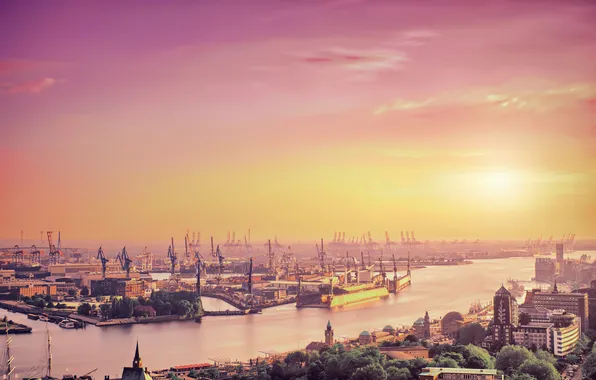 Картинка небо, солнце, город, река, англия, лондон, порт, краны