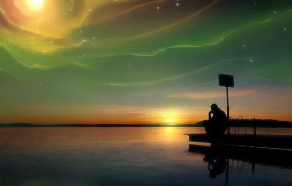 Закат, задумчивость, озеро, сияние, человек, by Robin De Blanche, Natural Dimension