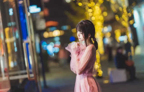 Beautiful, Asian, Model, Glass, Lights, Night, Street, Woman