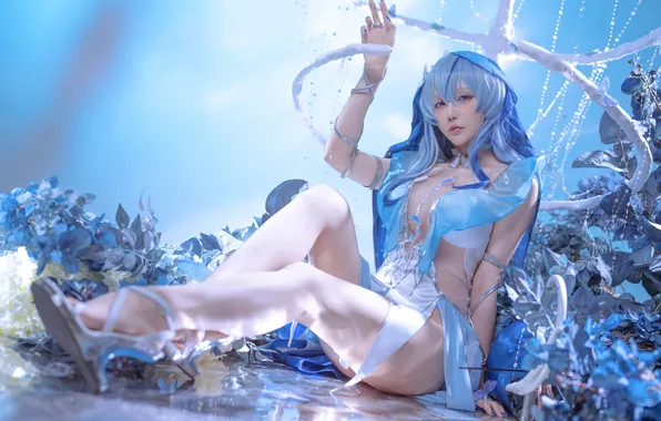 Asian, long hair, model, women, cosplay, sitting, blue hair, looking at viewer