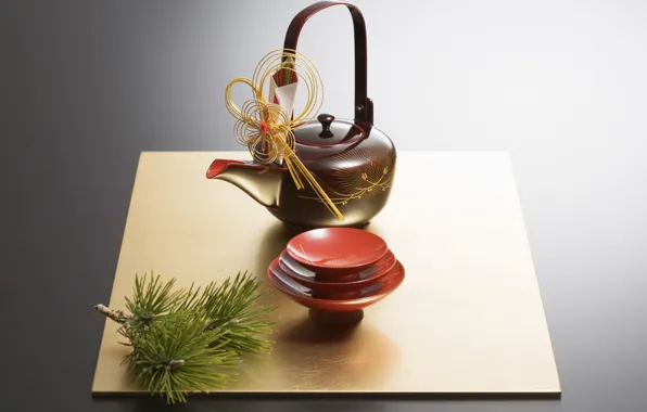 Картинка Япония, чайник, чаепитие, чашка, сосна, блюдце, чайная церемония, пиала