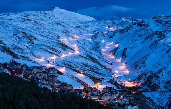 Горы, ночь, lights, огни, трасса, простор, городок, Испания