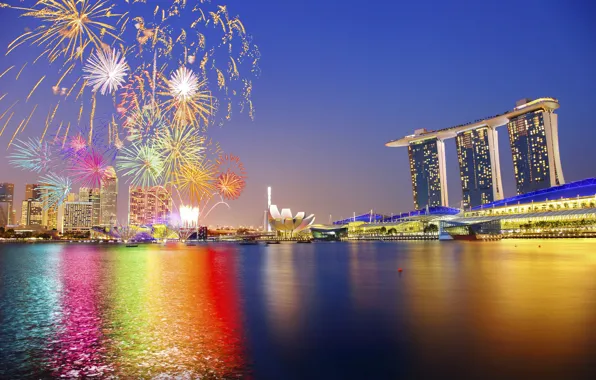 Небо, ночь, город, огни, праздник, подсветка, Азия, Сингапур