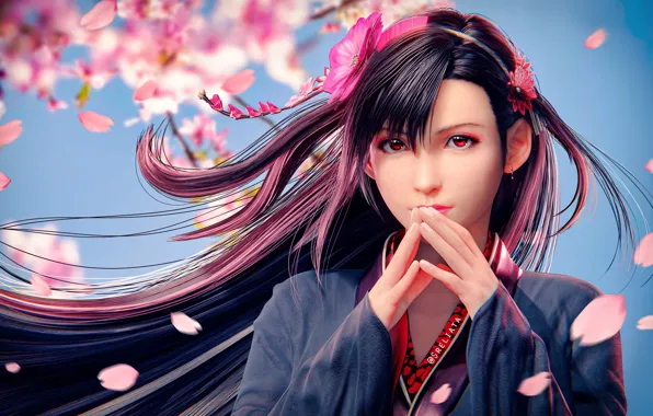 Final Fantasy, Asian, long hair, flowers, red eyes, women, brunette, digital art