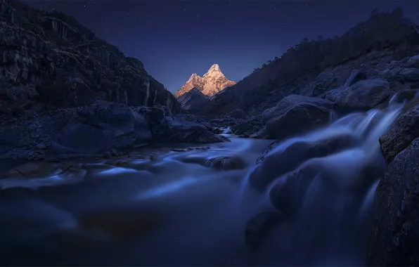 Картинка Moon, Sky, Landscape, Mountain, Night, Nepal, Himalayas