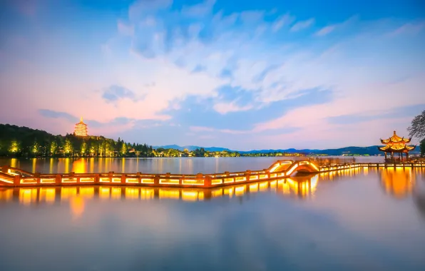 Картинка city, lights, China, twilight, sky, bridge, water, clouds