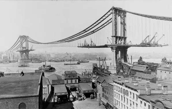 Картинка ретро, Нью-Йорк, США, строительство моста