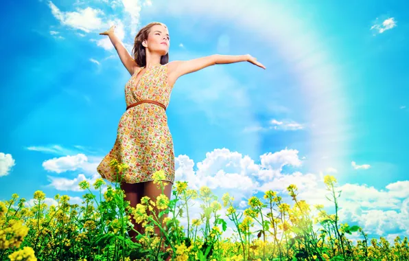 Картинка радуга, clouds, полевые цветы, wild flowers, природа, шатенка, girl, brown hair