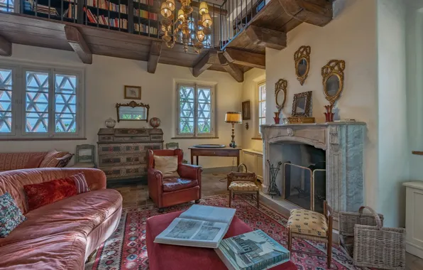 Дизайн, стиль, интерьер, камин, библиотека, гостиная, villa Pinoni