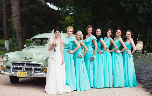 Авто, цветы, девушки, платье, невеста, свадьба, wedding