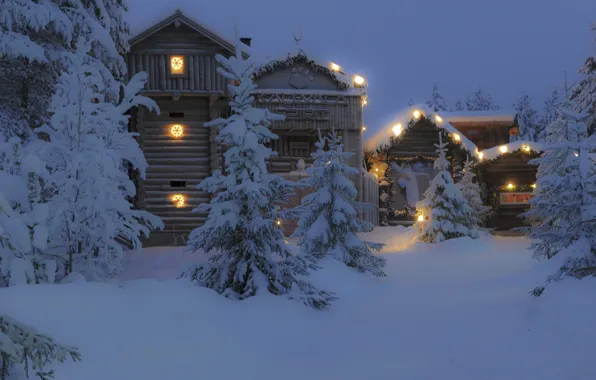 Картинка зима, снег, деревья, ночь, город, дом, фото, Финляндия