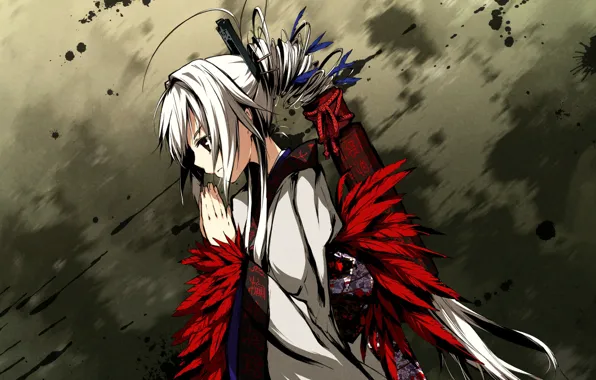 Девушка, перья, юката, art, молитва, g yuusuke, kajiri kamui kagura