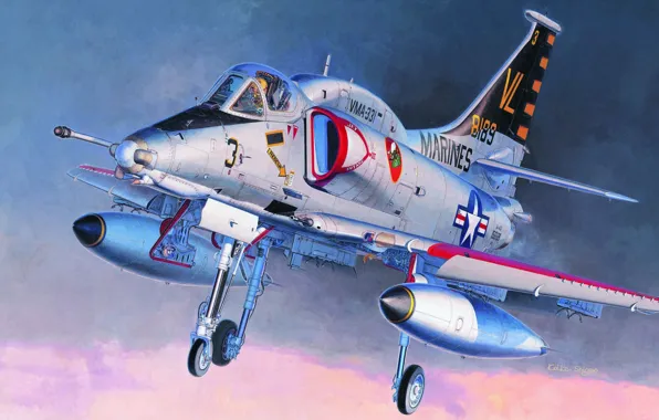 Картинка самолет, арт, художник, Douglas, Дуглас A-4 Скайхок, Koike Shigeo., A-4 Skyhawk, американский легкий палубный штурмовик
