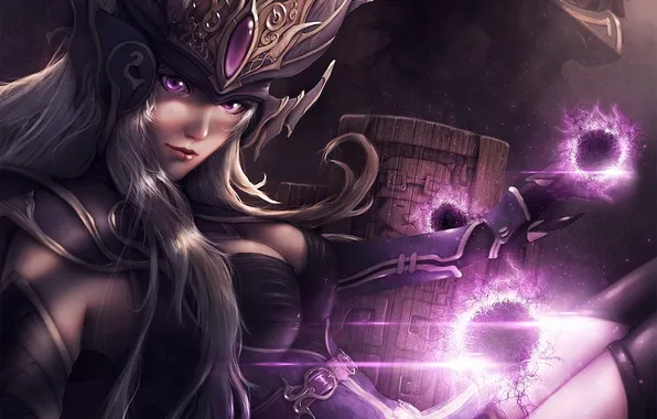 Грудь, девушка, магия, корона, арт, сферы, League of Legends, сидя