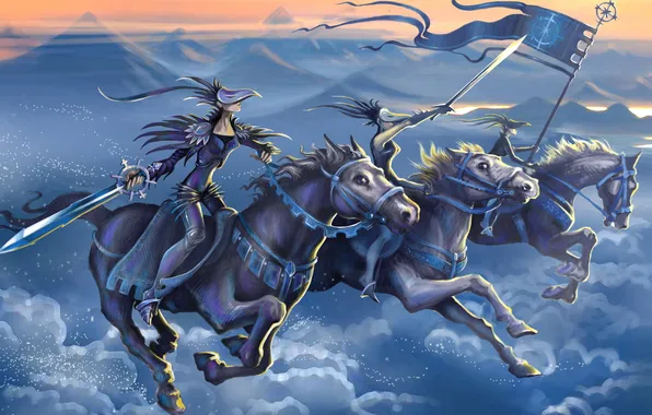 Картинка облака, горы, флаг, лошади, мечи, маски, Всадники
