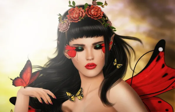 Картинка девушка, бабочки, цветы, лицо, волосы, брюнетка
