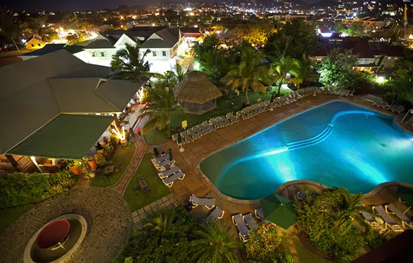 Город, дома, вечер, бассейн, отель, Карибы, Caribbean, Saint Lucia