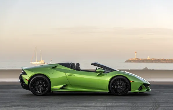 Закат, побережье, вечер, Lamborghini, вид сбоку, Spyder, Evo, Huracan