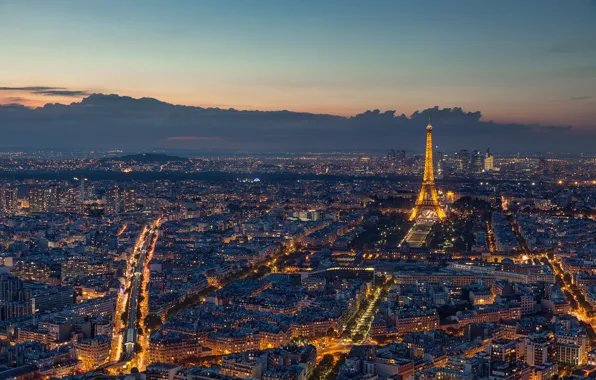 Франция, Париж, вечер, Эйфелева башня, Paris, France, Eiffel Tower, панорамма