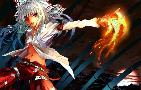 Девушка, огонь, магия, трубка, арт, touhou, karlwolf, fujiwara no mokou