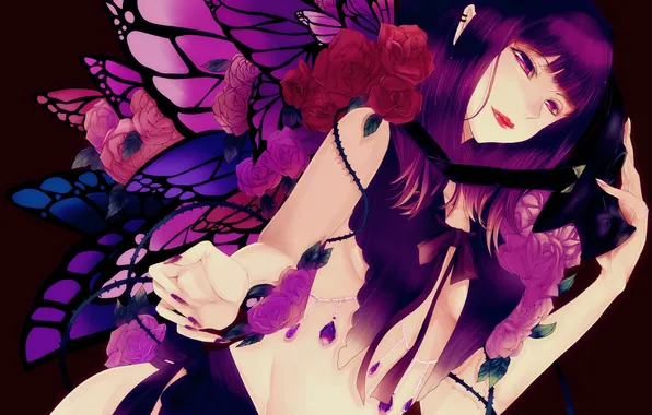 Девушка, бабочки, розы, крылья, арт, setsuji