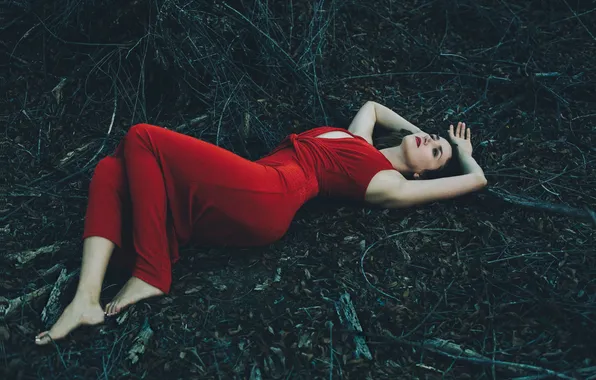 Картинка girl, sexy, forest, lips, red dress